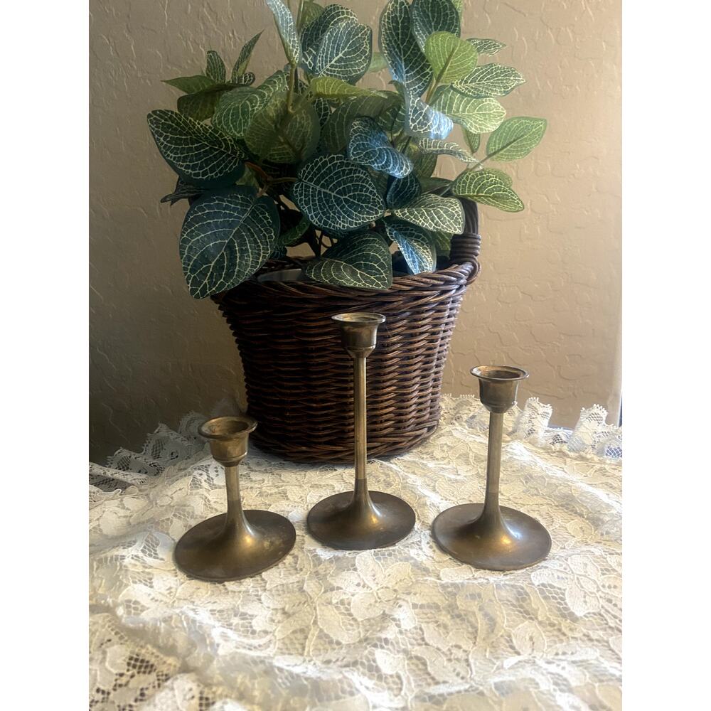 Vintage Brass Candlestick Holders Set of 3 Graduated Mid Century Style